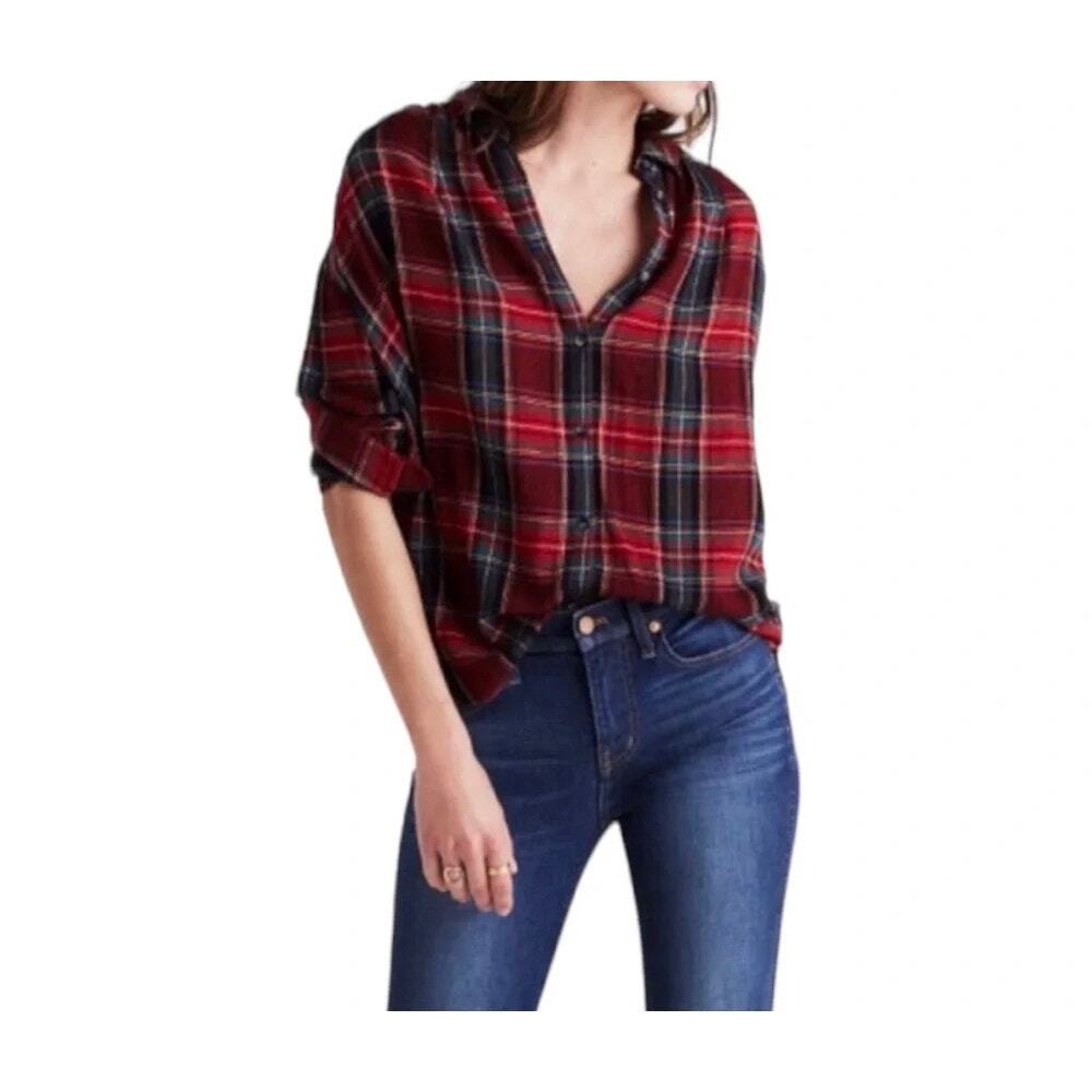 Madewell Women’s Red Tartan Plaid Button Down Blouse Size XSmall (XS)